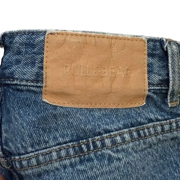 Pull &amp; Bear High-Waist Distressed Wide-Leg Jeans 100% Cotton Women's 0