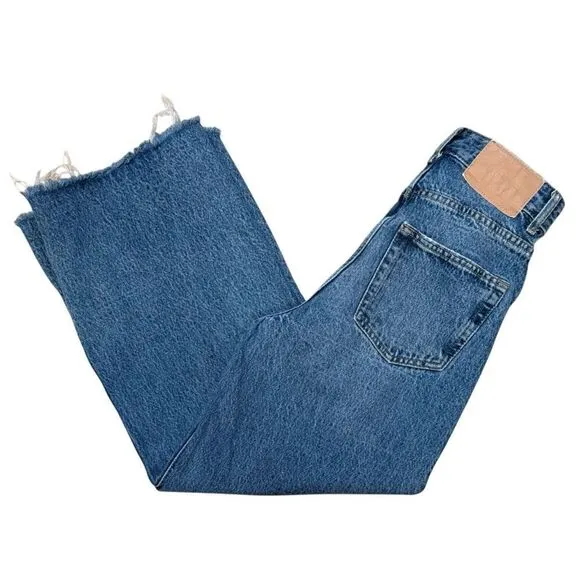 Pull &amp; Bear High-Waist Distressed Wide-Leg Jeans 100% Cotton Women's 0
