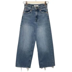 Pull &amp; Bear High-Waist Distressed Wide-Leg Jeans 100% Cotton Women's 0