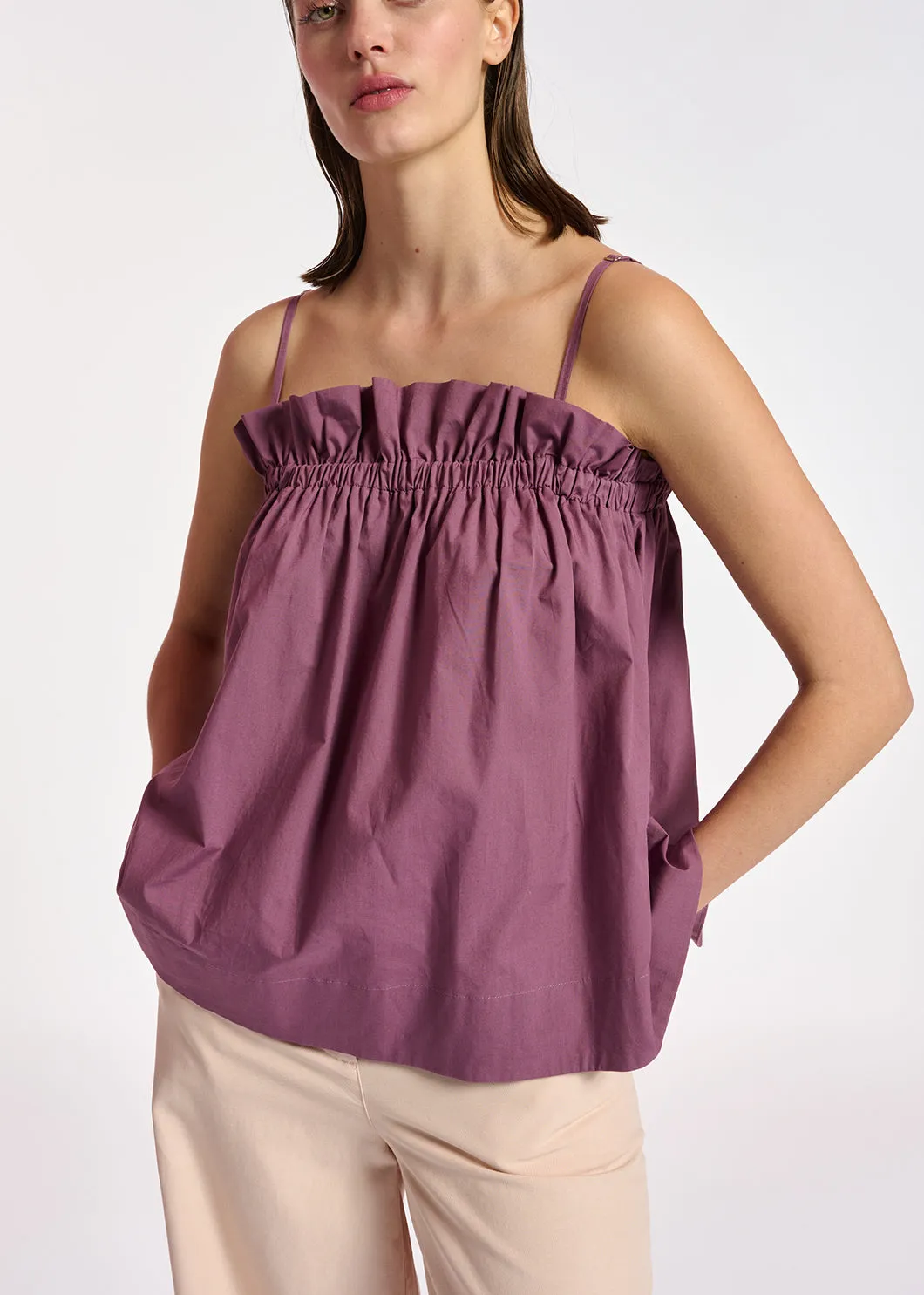 Purple cotton-poplin ruffled camisole