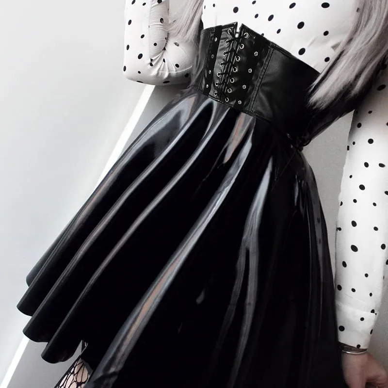 "BLACK LACE-UP FAUX LEATHER HIGH WAIST PLEATED" SKIRT D052908