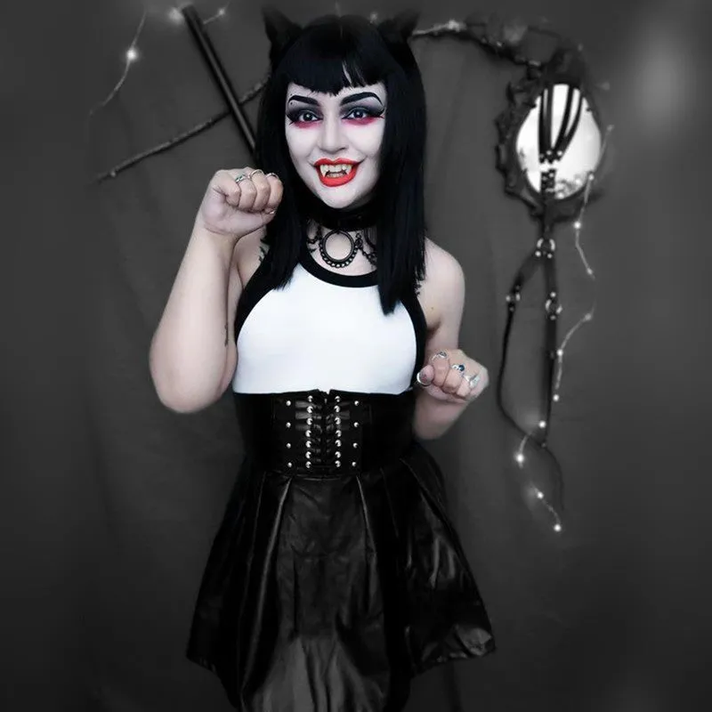 "BLACK LACE-UP FAUX LEATHER HIGH WAIST PLEATED" SKIRT D052908