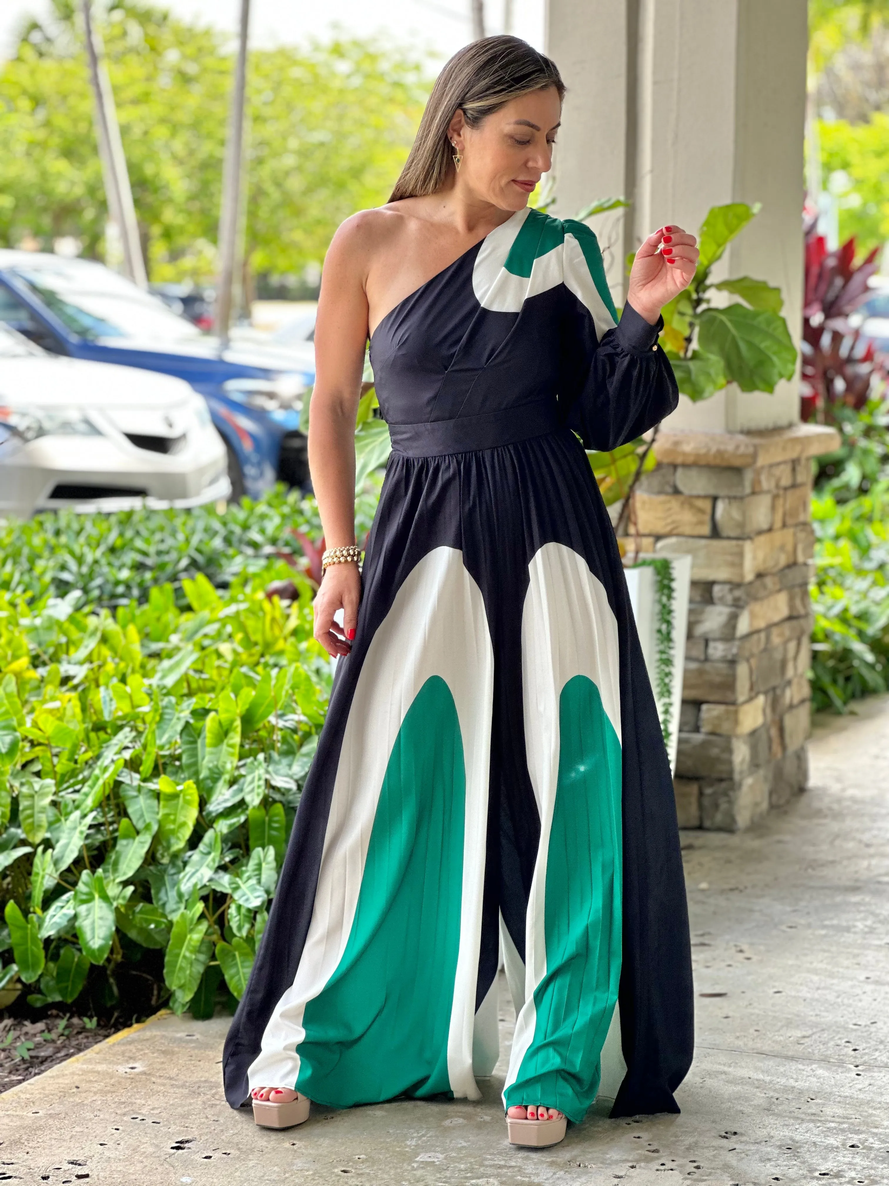 "Ibiza" Pleaded One Shoulder Jumpsuit