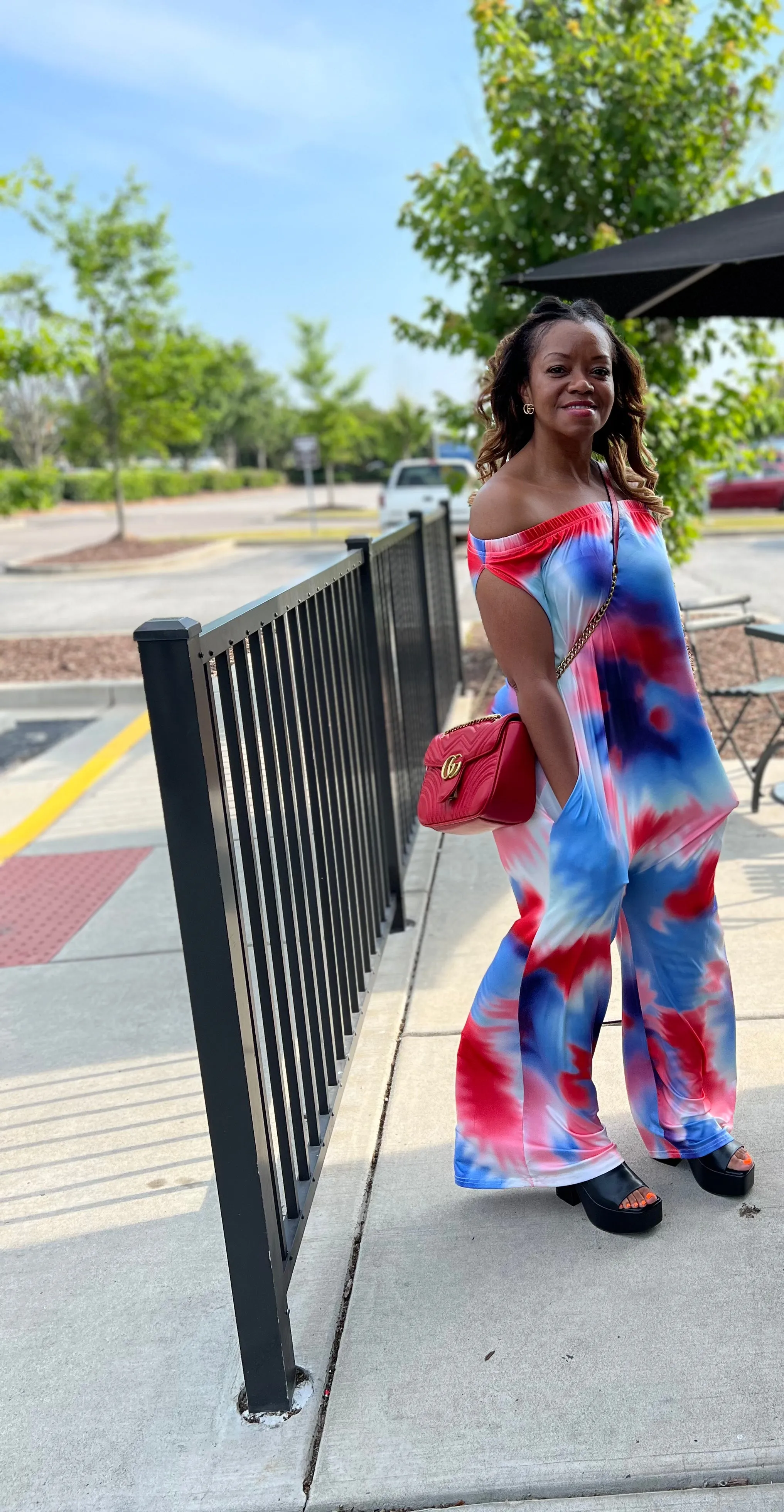 Red White Blue off Shoulder Jumpsuit