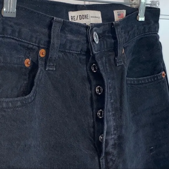 RE/DONE 70s Stove Pipe Black Straight Raw-Hem High-Rise Distressed Jeans 24