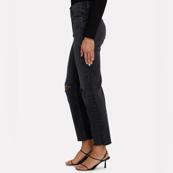 RE/DONE 70s Stove Pipe Black Straight Raw-Hem High-Rise Distressed Jeans 24