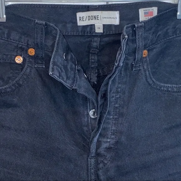RE/DONE 70s Stove Pipe Black Straight Raw-Hem High-Rise Distressed Jeans 24