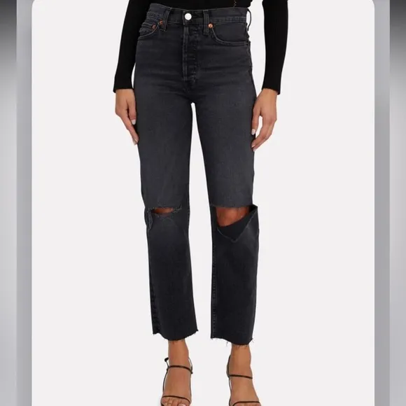 RE/DONE 70s Stove Pipe Black Straight Raw-Hem High-Rise Distressed Jeans 24