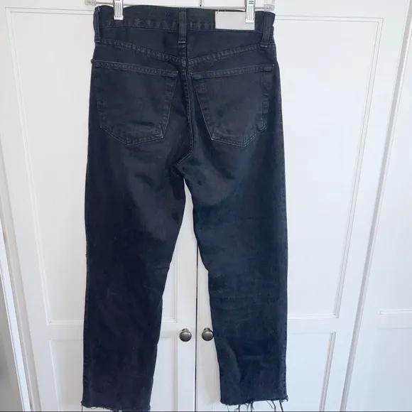 RE/DONE 70s Stove Pipe Black Straight Raw-Hem High-Rise Distressed Jeans 24