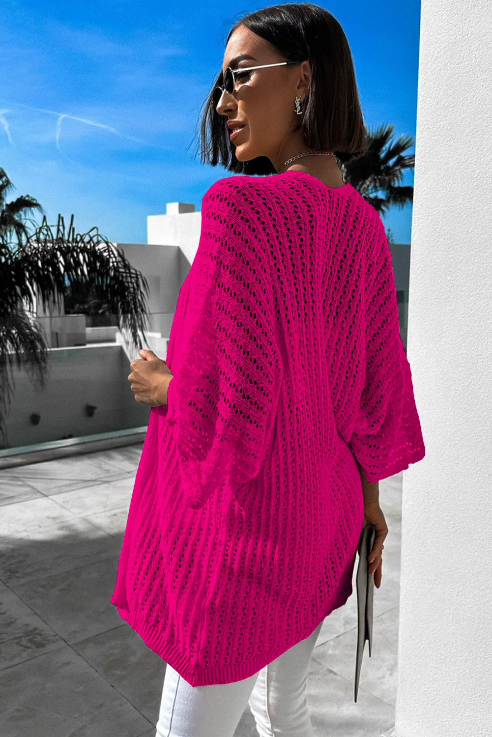 Rose White Hollow-out Knit Kimono Lightweight Cardigan
