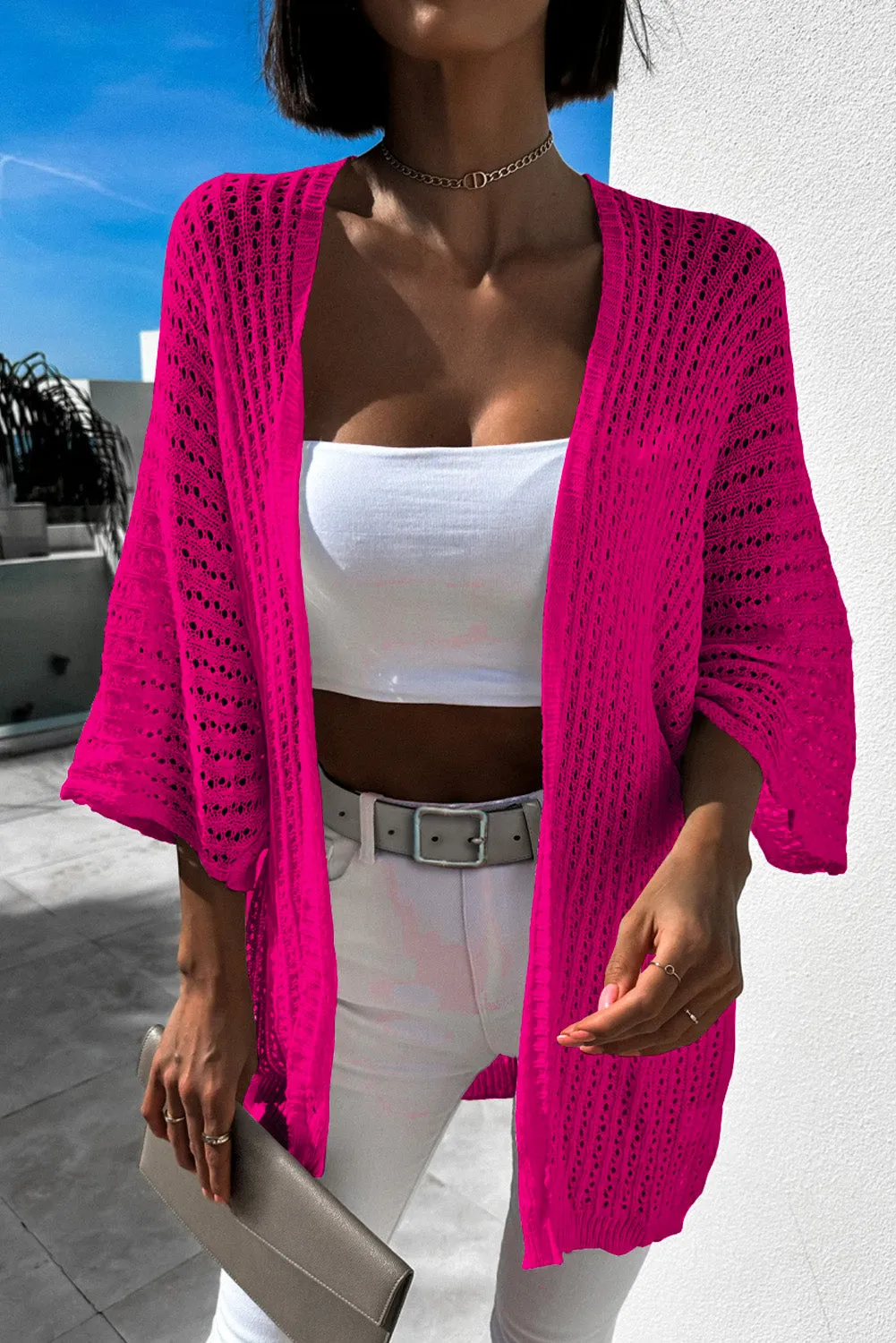 Rose White Hollow-out Knit Kimono Lightweight Cardigan