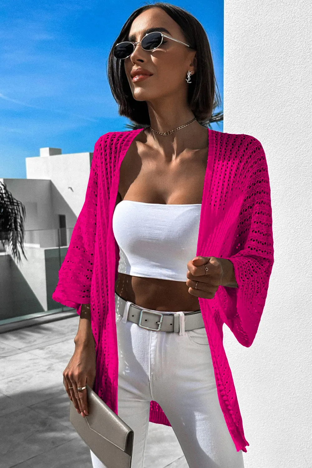 Rose White Hollow-out Knit Kimono Lightweight Cardigan