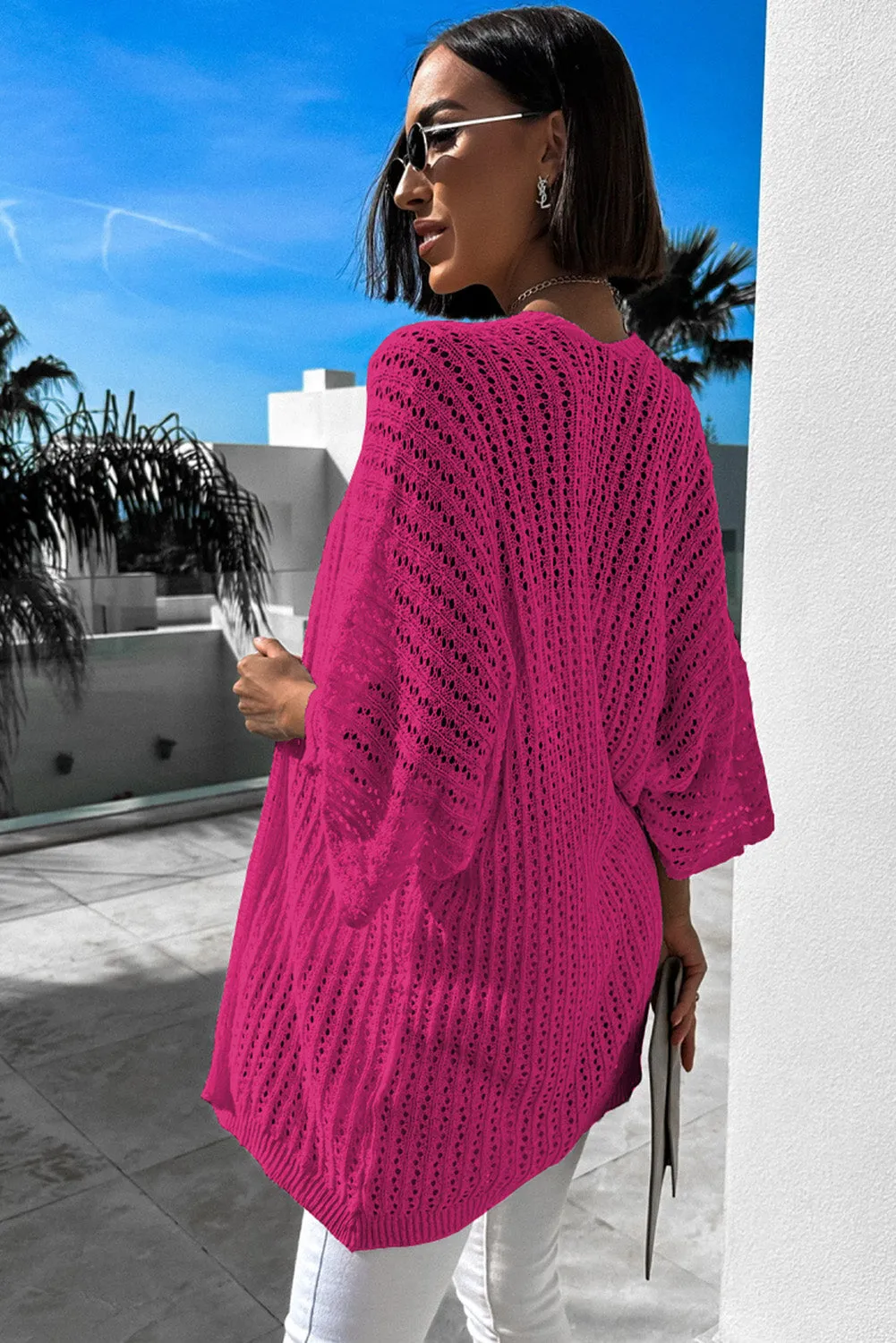 Rose White Hollow-out Knit Kimono Lightweight Cardigan