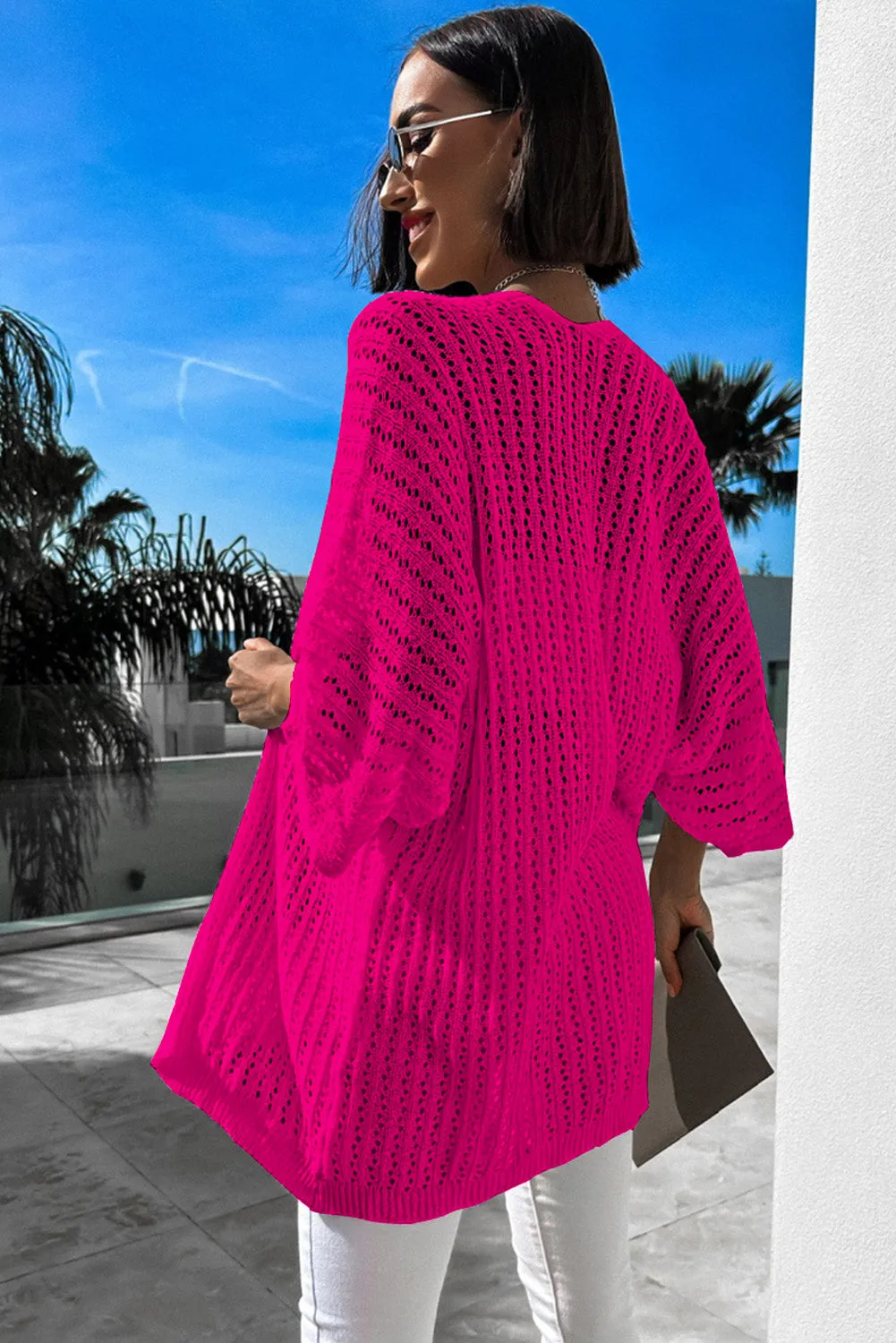 Rose White Hollow-out Knit Kimono Lightweight Cardigan