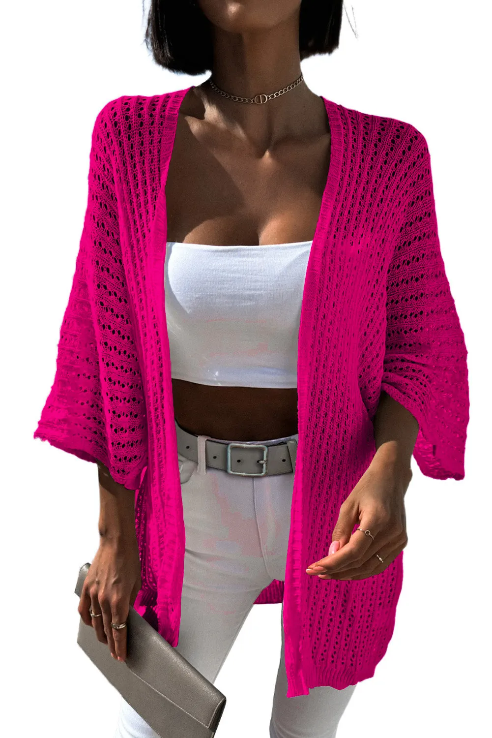 Rose White Hollow-out Knit Kimono Lightweight Cardigan