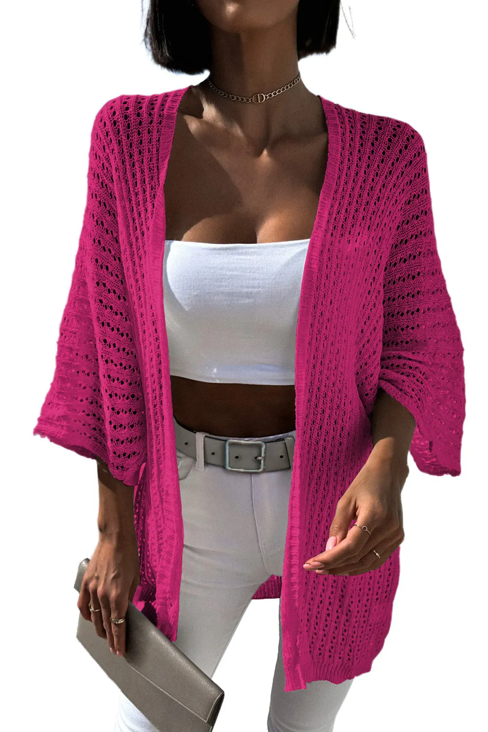 Rose White Hollow-out Knit Kimono Lightweight Cardigan