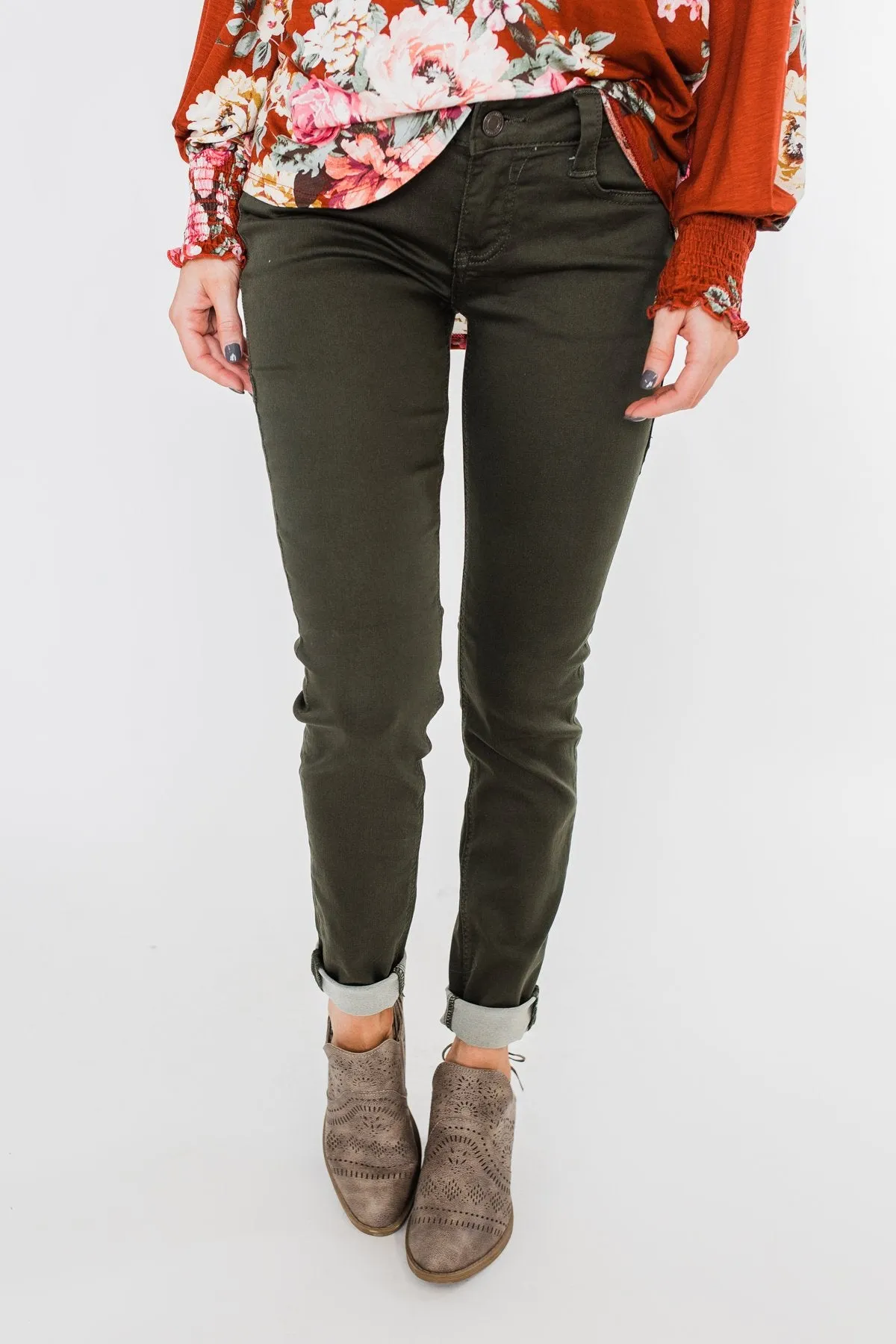 Rubberband Colored Skinny Jeans- Olive