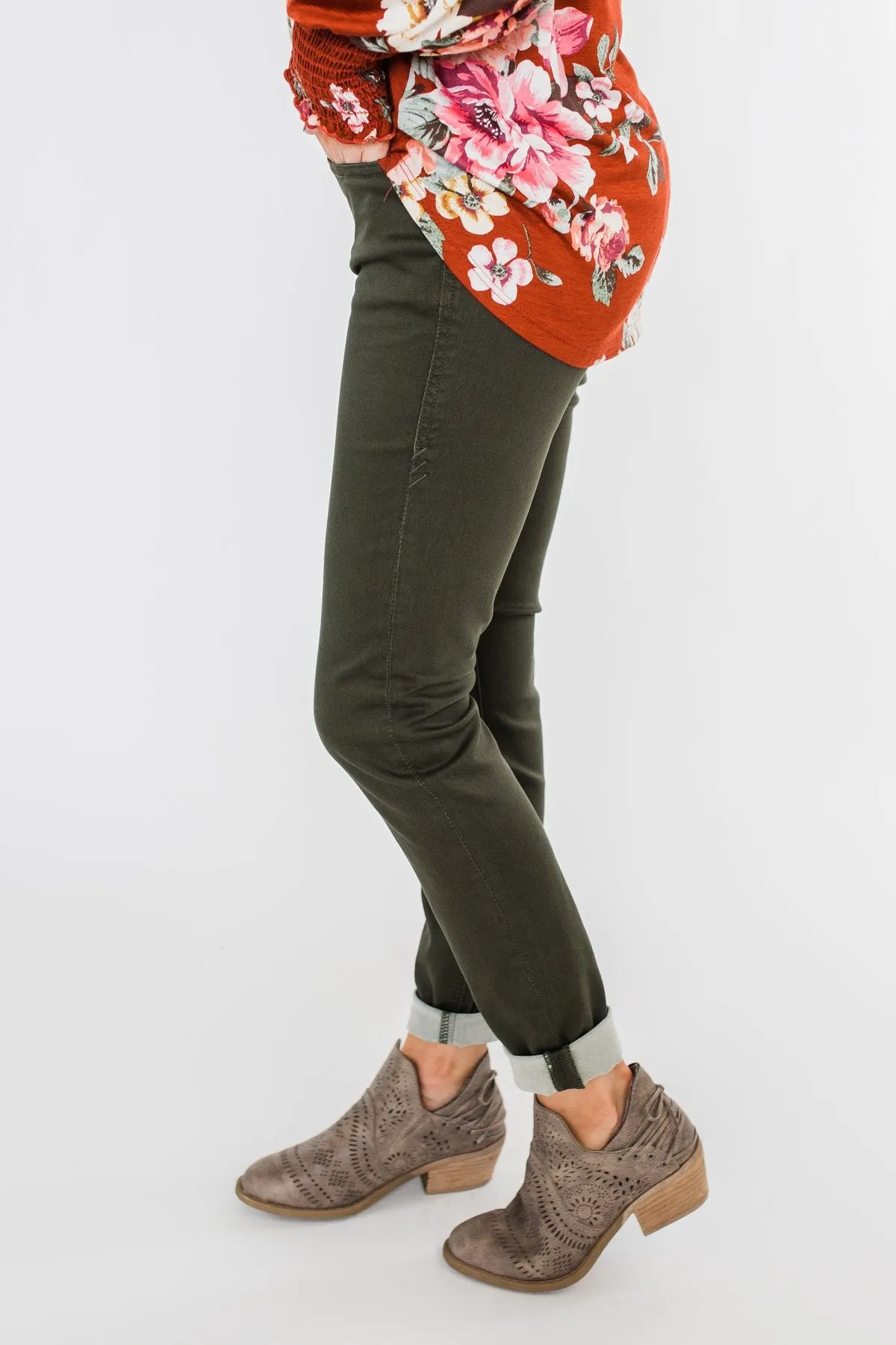 Rubberband Colored Skinny Jeans- Olive