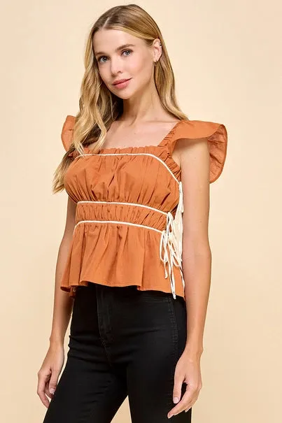 Ruched Ruffled Sleeve Blouse