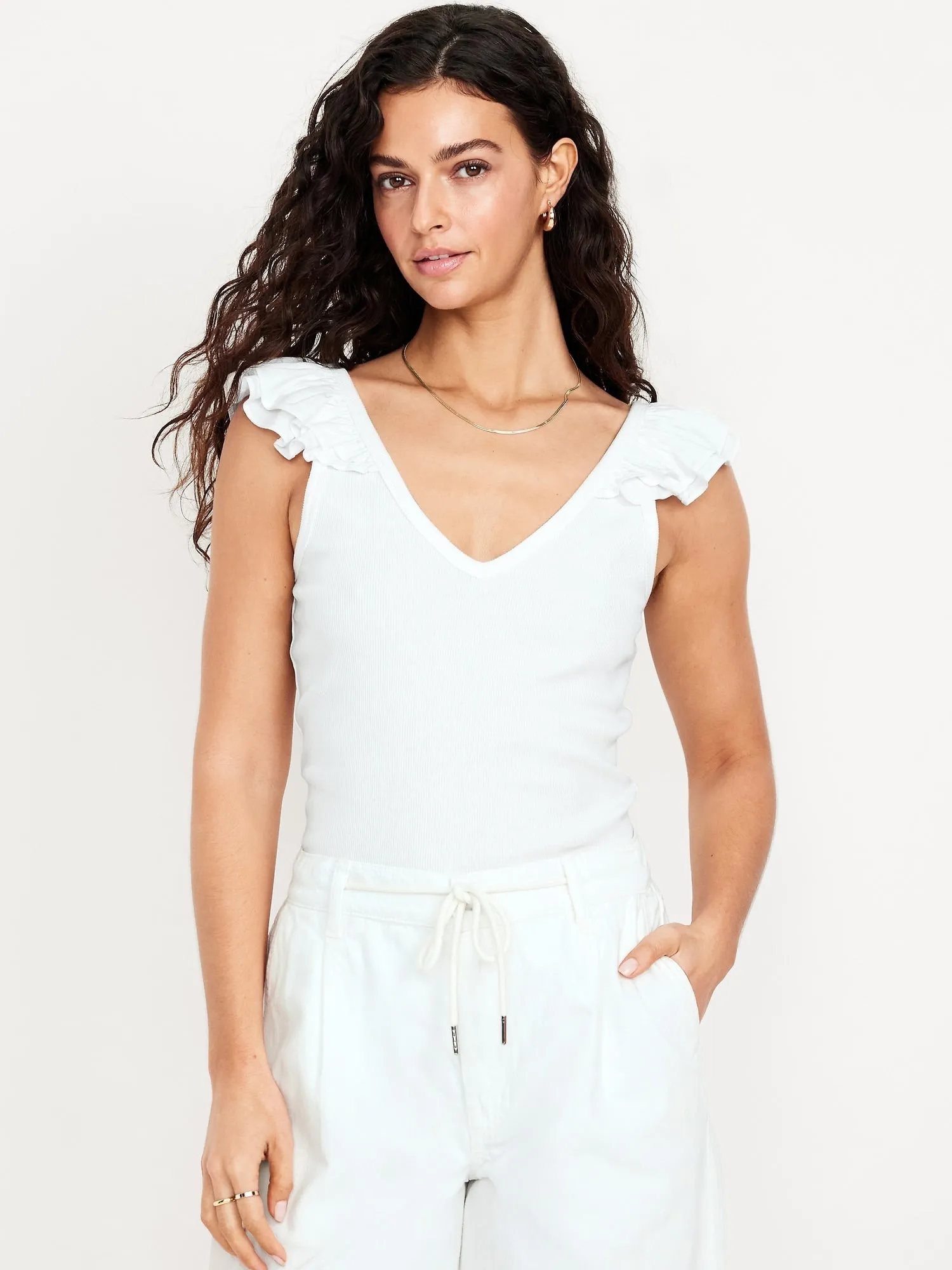 Ruffle-Trim Mixed Material Top