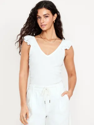 Ruffle-Trim Mixed Material Top