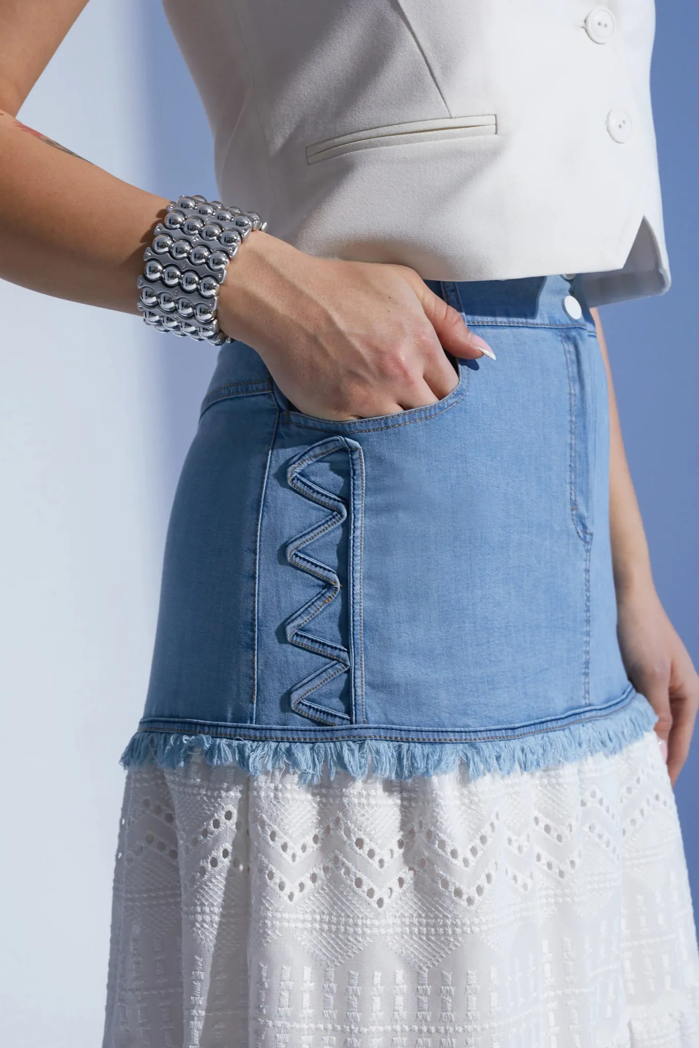 Ruffled Below the Knee Skirt with Denim Details: Lined and Stylish