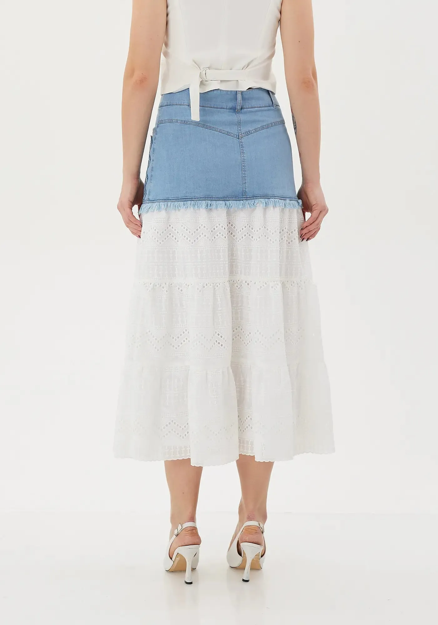 Ruffled Below the Knee Skirt with Denim Details: Lined and Stylish
