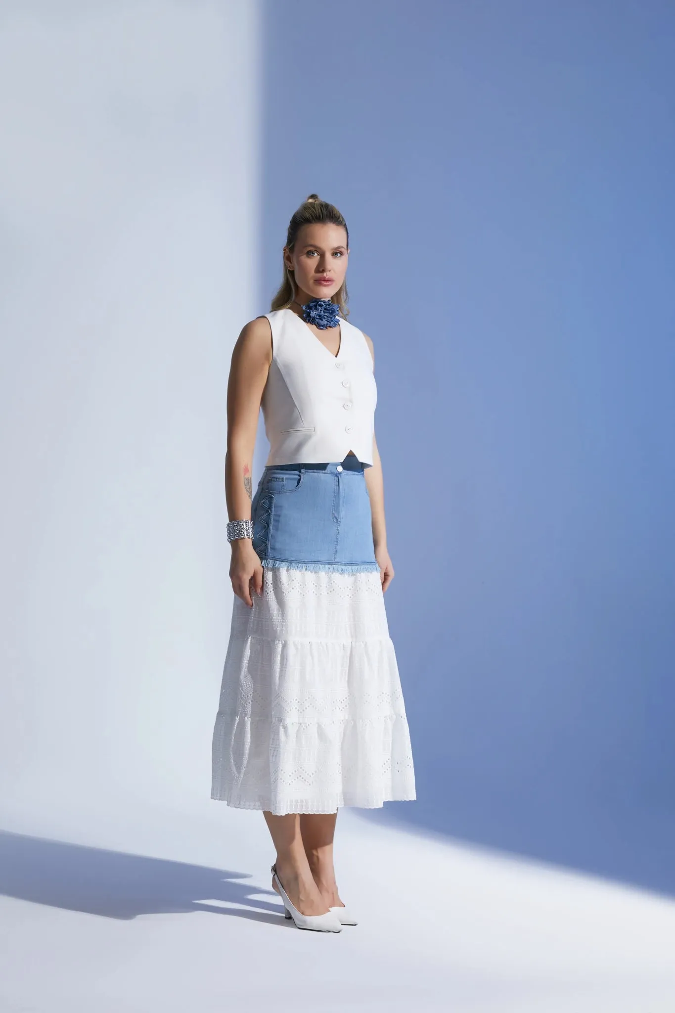Ruffled Below the Knee Skirt with Denim Details: Lined and Stylish