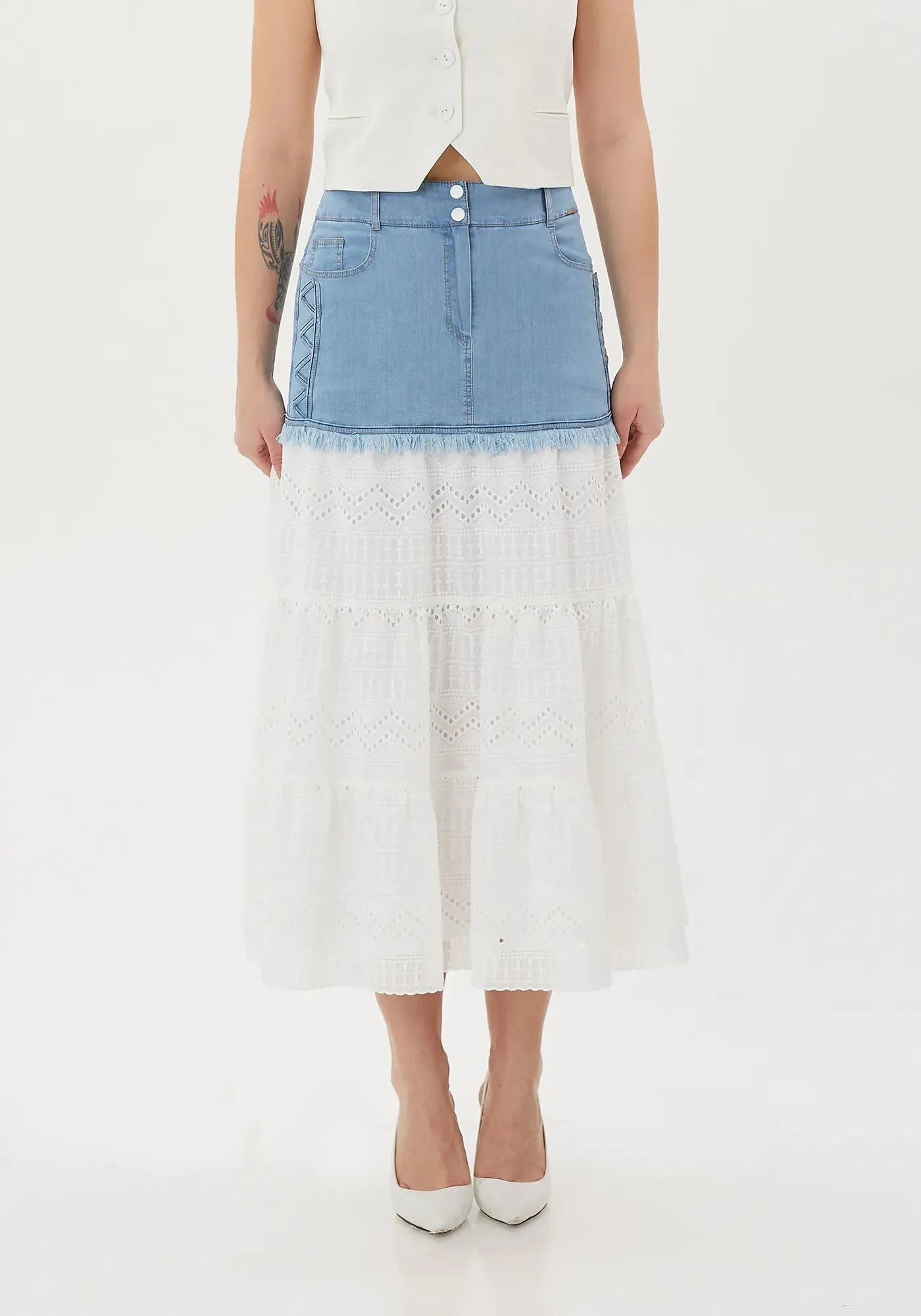 Ruffled Below the Knee Skirt with Denim Details: Lined and Stylish