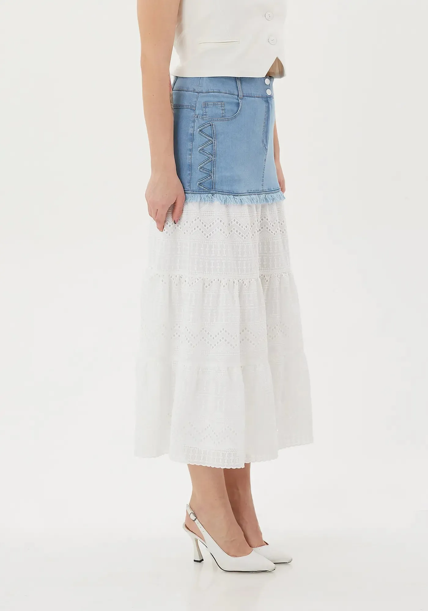 Ruffled Below the Knee Skirt with Denim Details: Lined and Stylish