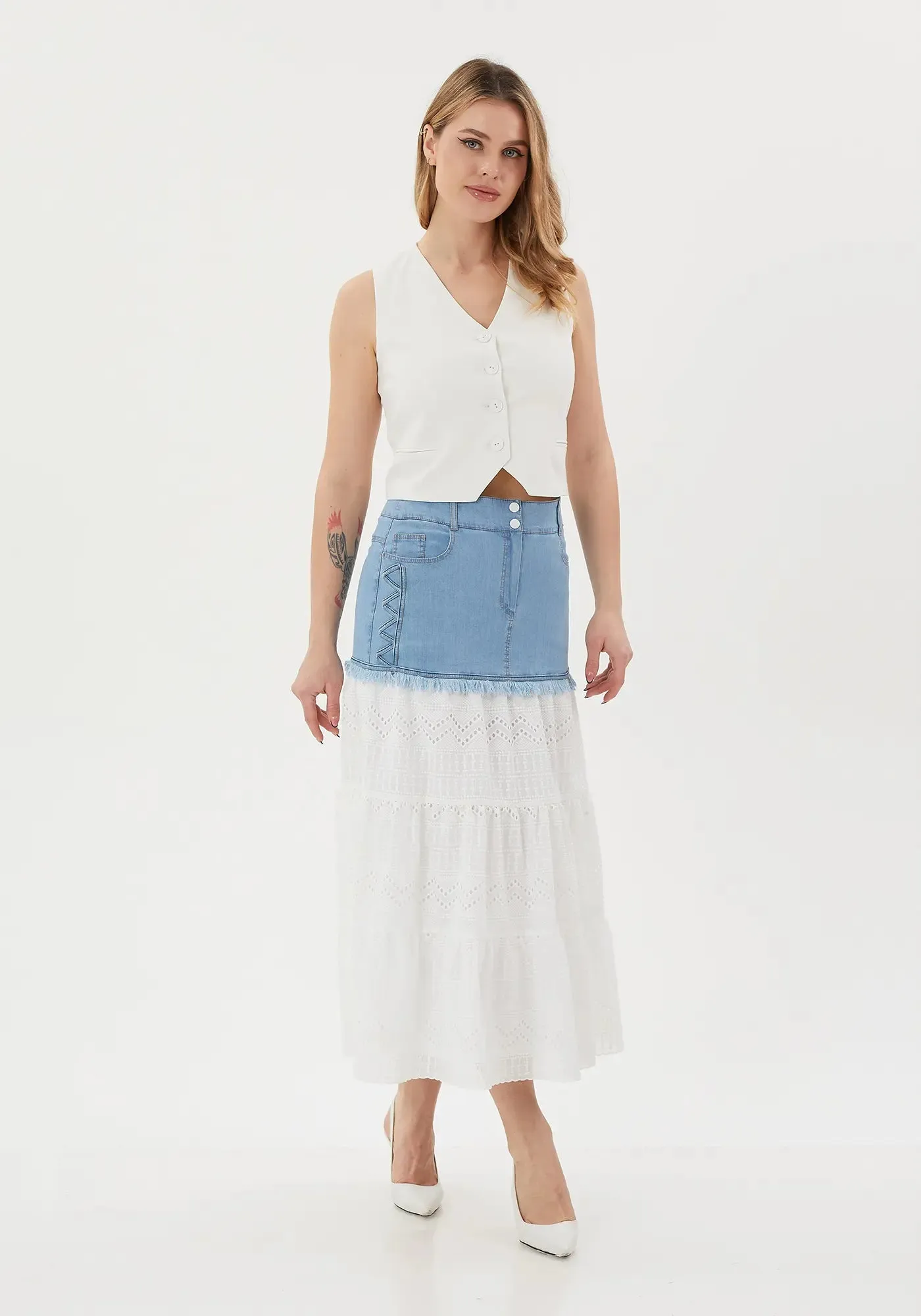 Ruffled Below the Knee Skirt with Denim Details: Lined and Stylish