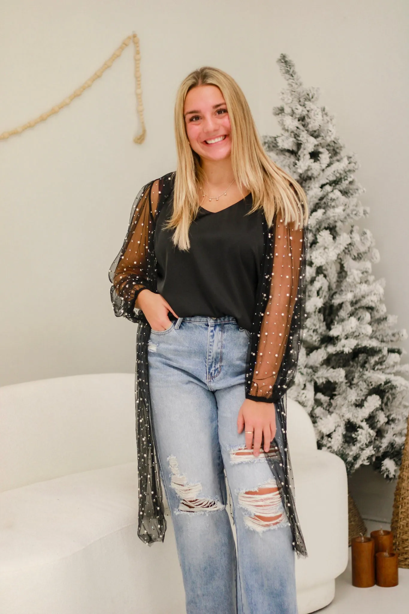 Sassy Girl Season Mesh Cardigan with Pearls