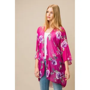 Sheer Three Quarter Sleeve Floral Print Kimono Cardigan