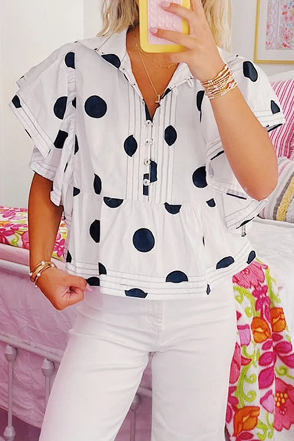 Sky Blue Polka Dot Print Ruffled Short Sleeve Buttoned Collared Blouse