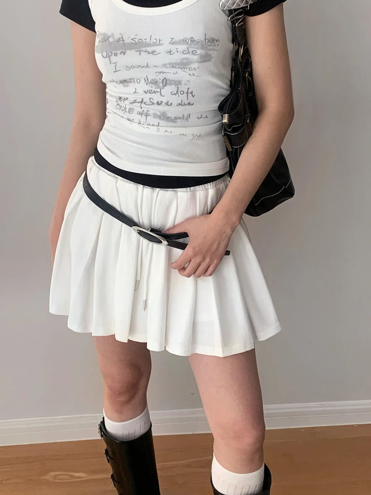 Solid Color Pleated Elastic Waist Skirt