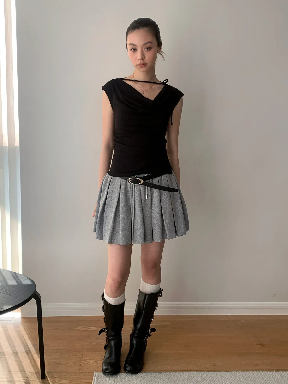 Solid Color Pleated Elastic Waist Skirt