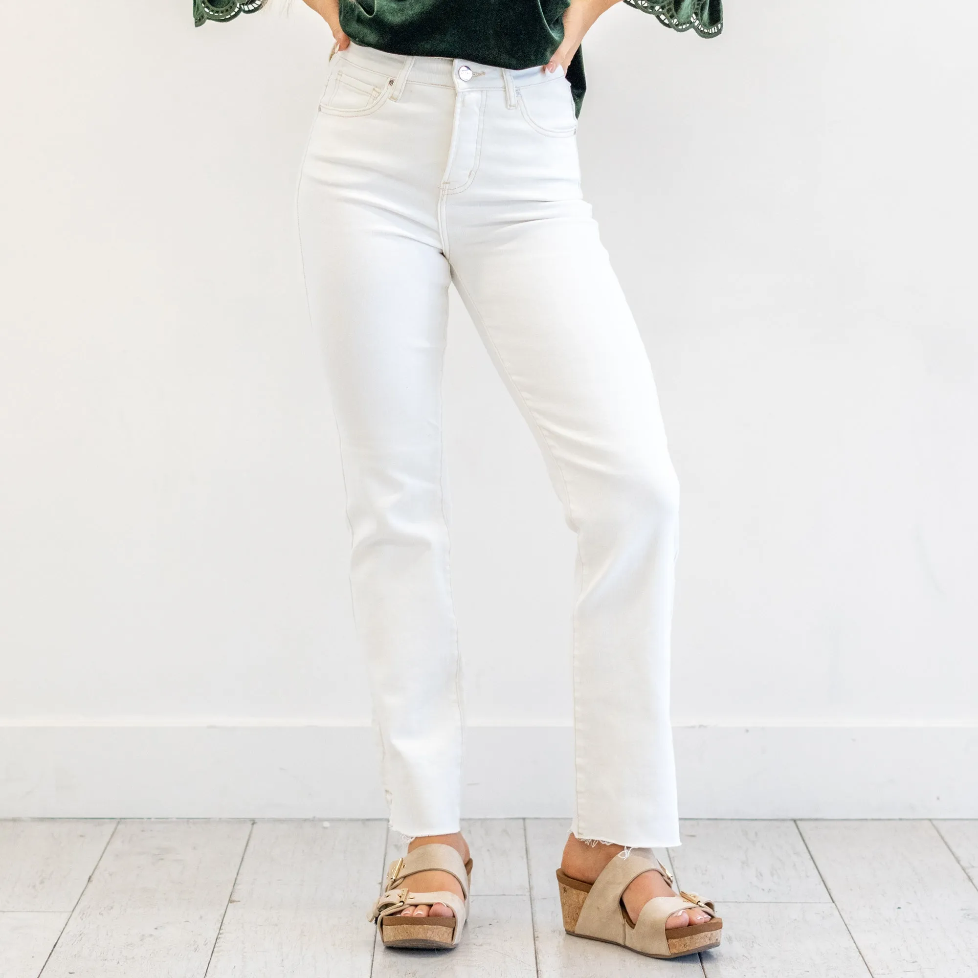 Spring in Step Tummy Control Top High Rise Raw Hem Straight Leg Regular & Plus Sizes