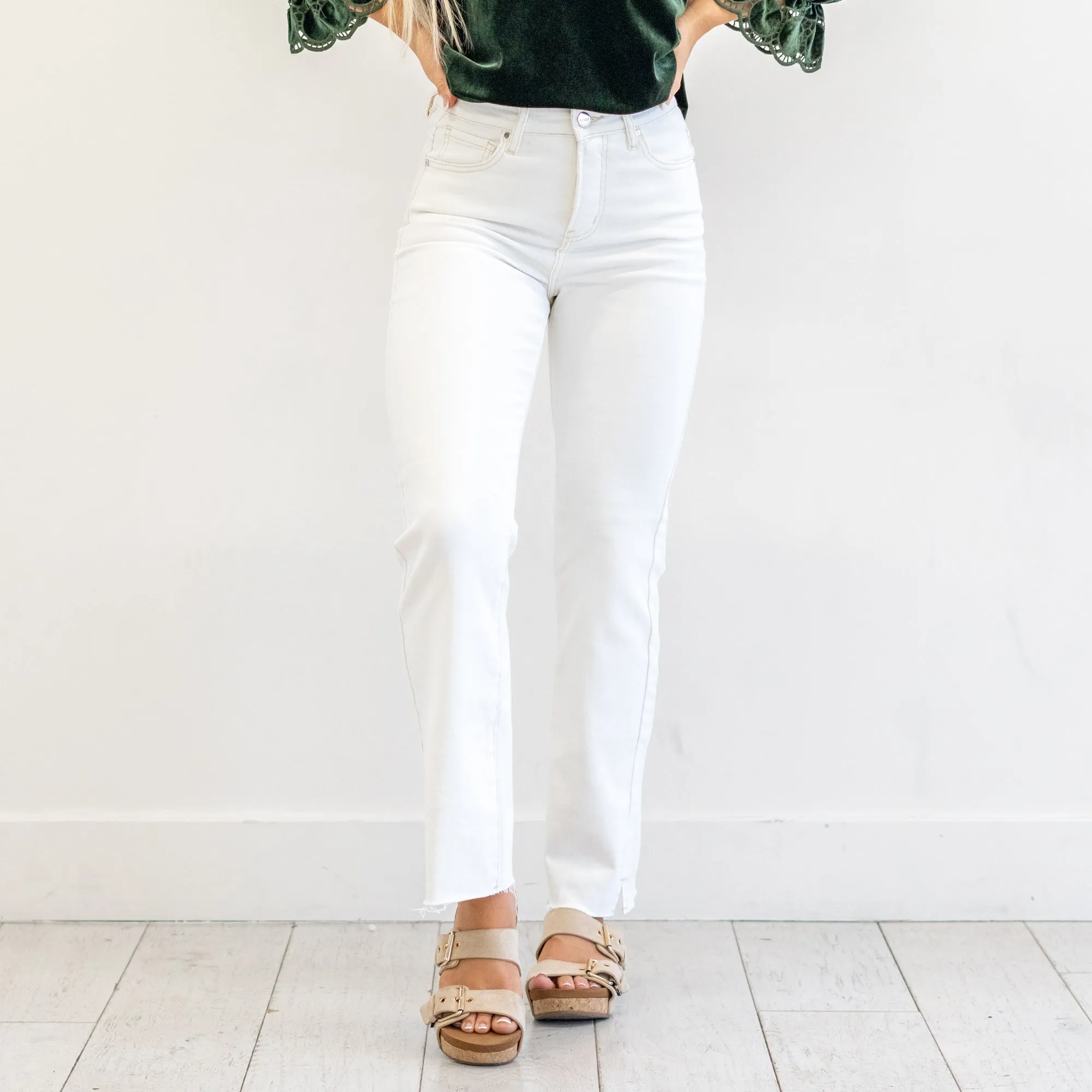 Spring in Step Tummy Control Top High Rise Raw Hem Straight Leg Regular & Plus Sizes