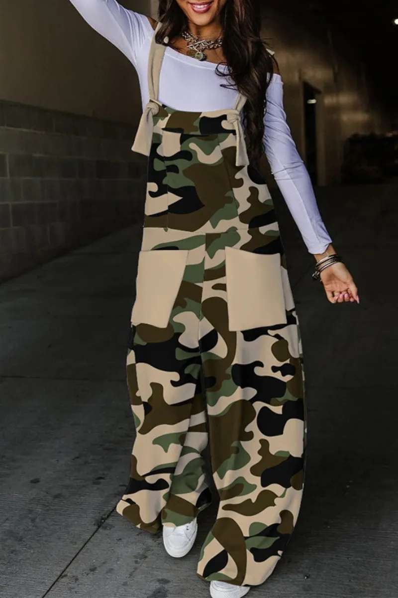 Street Print Patchwork Pocket Knotted Spaghetti Strap Loose Jumpsuits