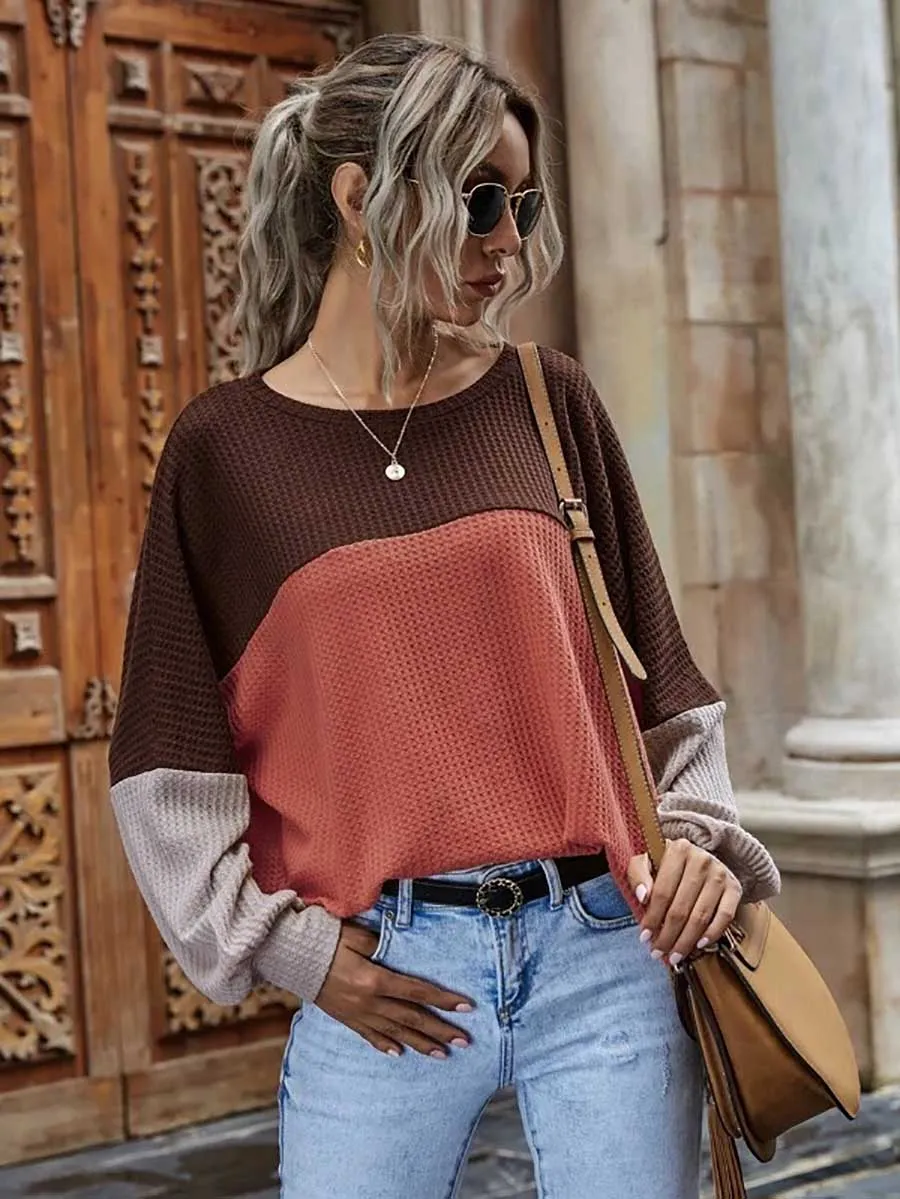 Stunncal Colorblocked Waffle Long Sleeve Casual Top