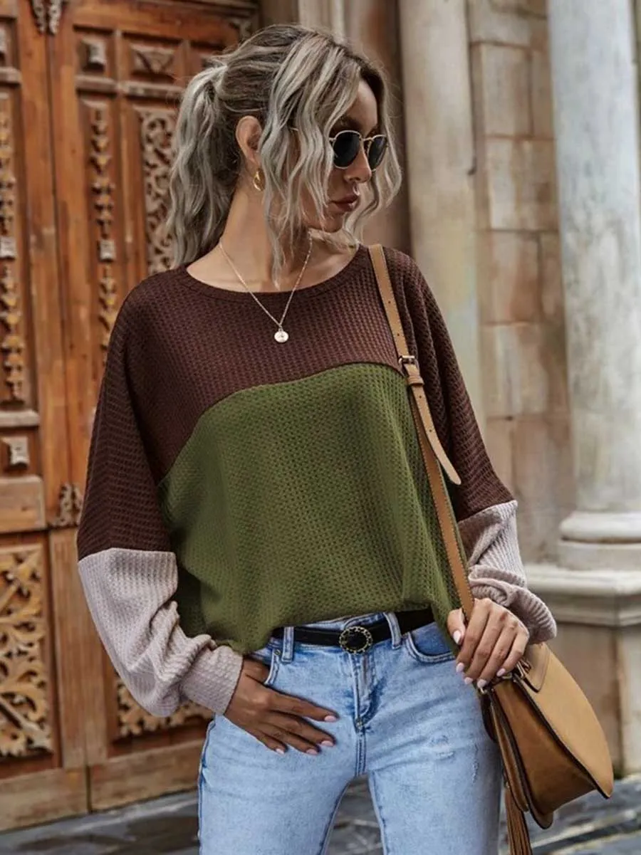 Stunncal Colorblocked Waffle Long Sleeve Casual Top
