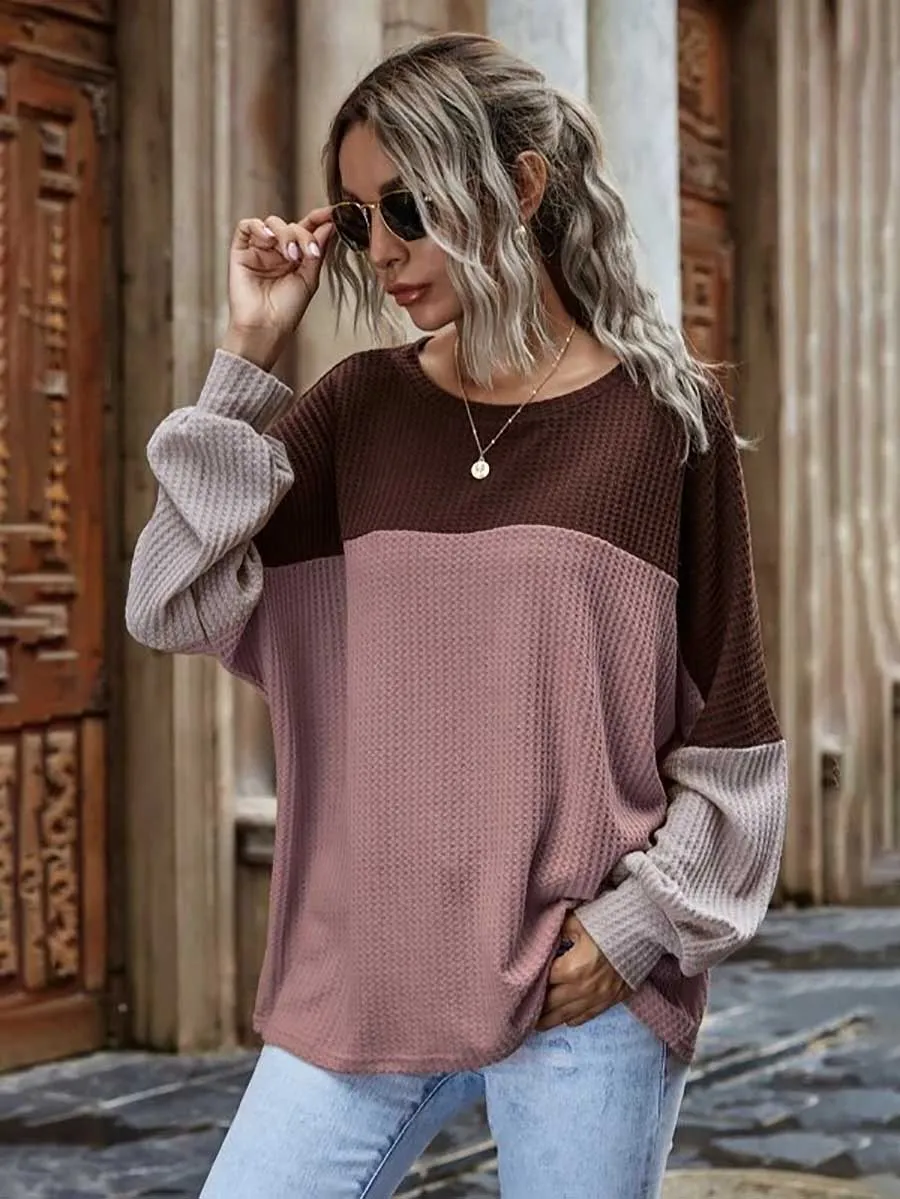 Stunncal Colorblocked Waffle Long Sleeve Casual Top