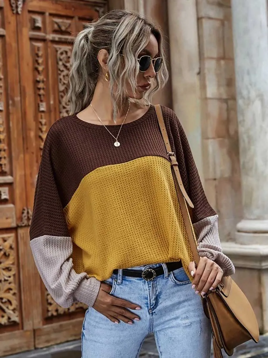 Stunncal Colorblocked Waffle Long Sleeve Casual Top