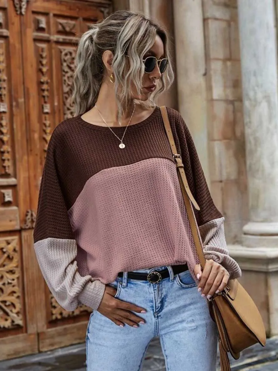 Stunncal Colorblocked Waffle Long Sleeve Casual Top