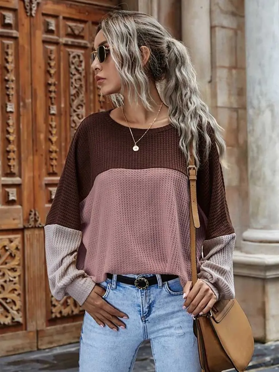Stunncal Colorblocked Waffle Long Sleeve Casual Top