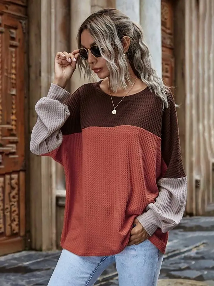 Stunncal Colorblocked Waffle Long Sleeve Casual Top