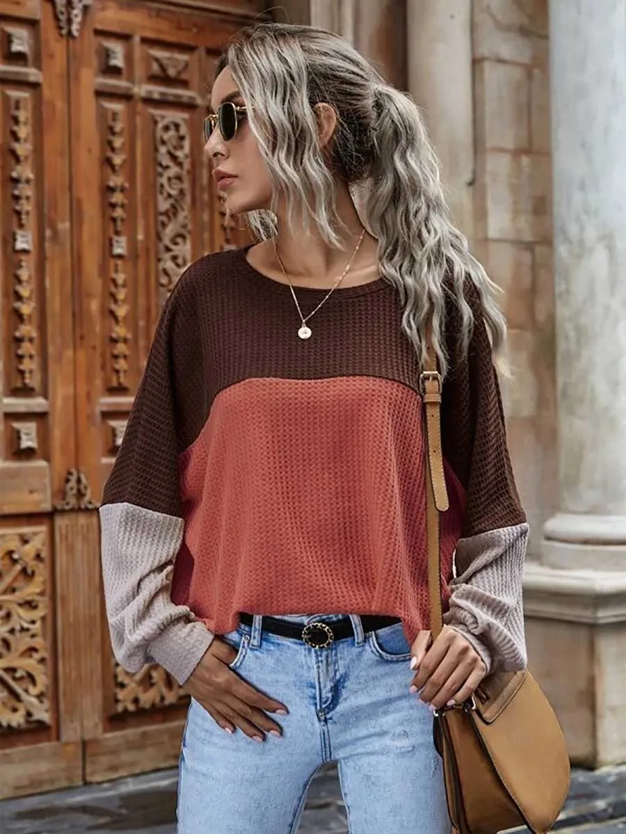 Stunncal Colorblocked Waffle Long Sleeve Casual Top