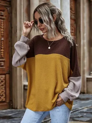 Stunncal Colorblocked Waffle Long Sleeve Casual Top