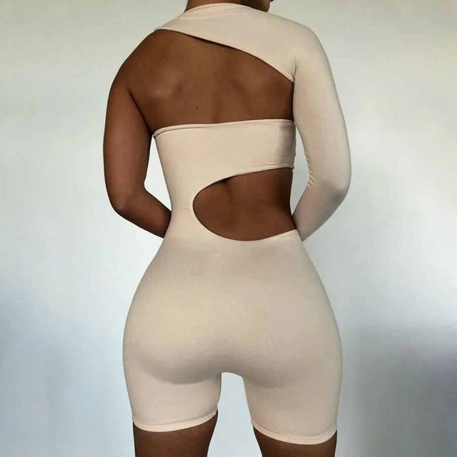 Summer Autumn Women  Fitness Jumpsuit One Shoulder Skinny