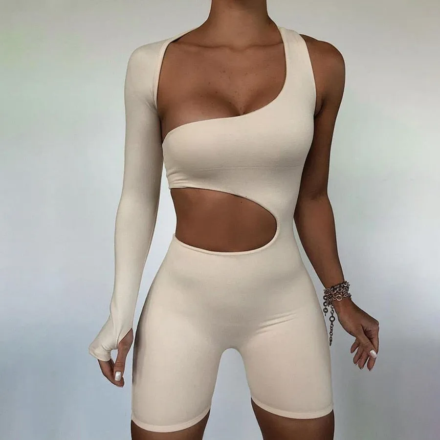 Summer Autumn Women  Fitness Jumpsuit One Shoulder Skinny